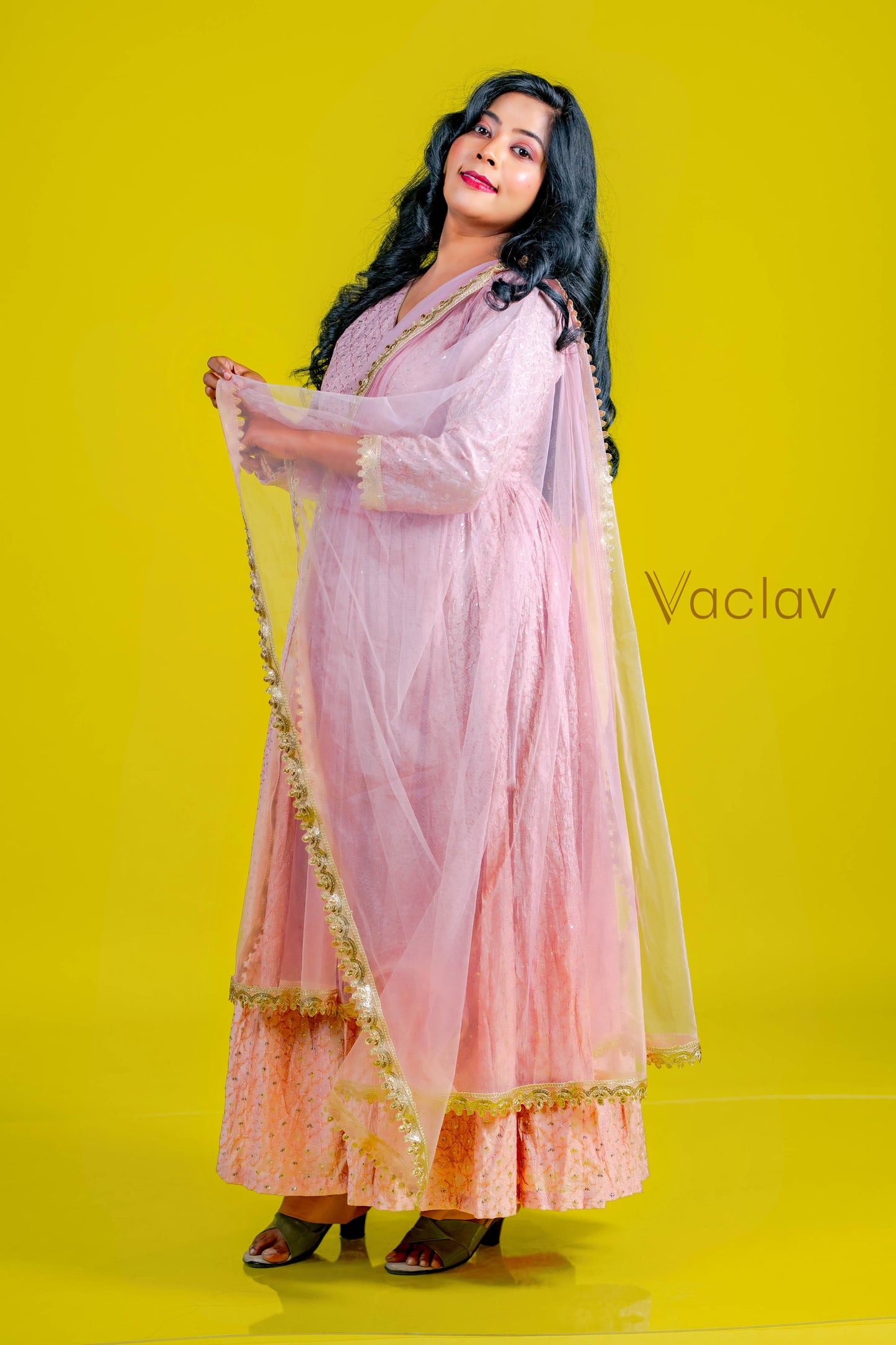 Onion Pink Anarkali Set with Pant & Dupatta in Chanderi Fabric