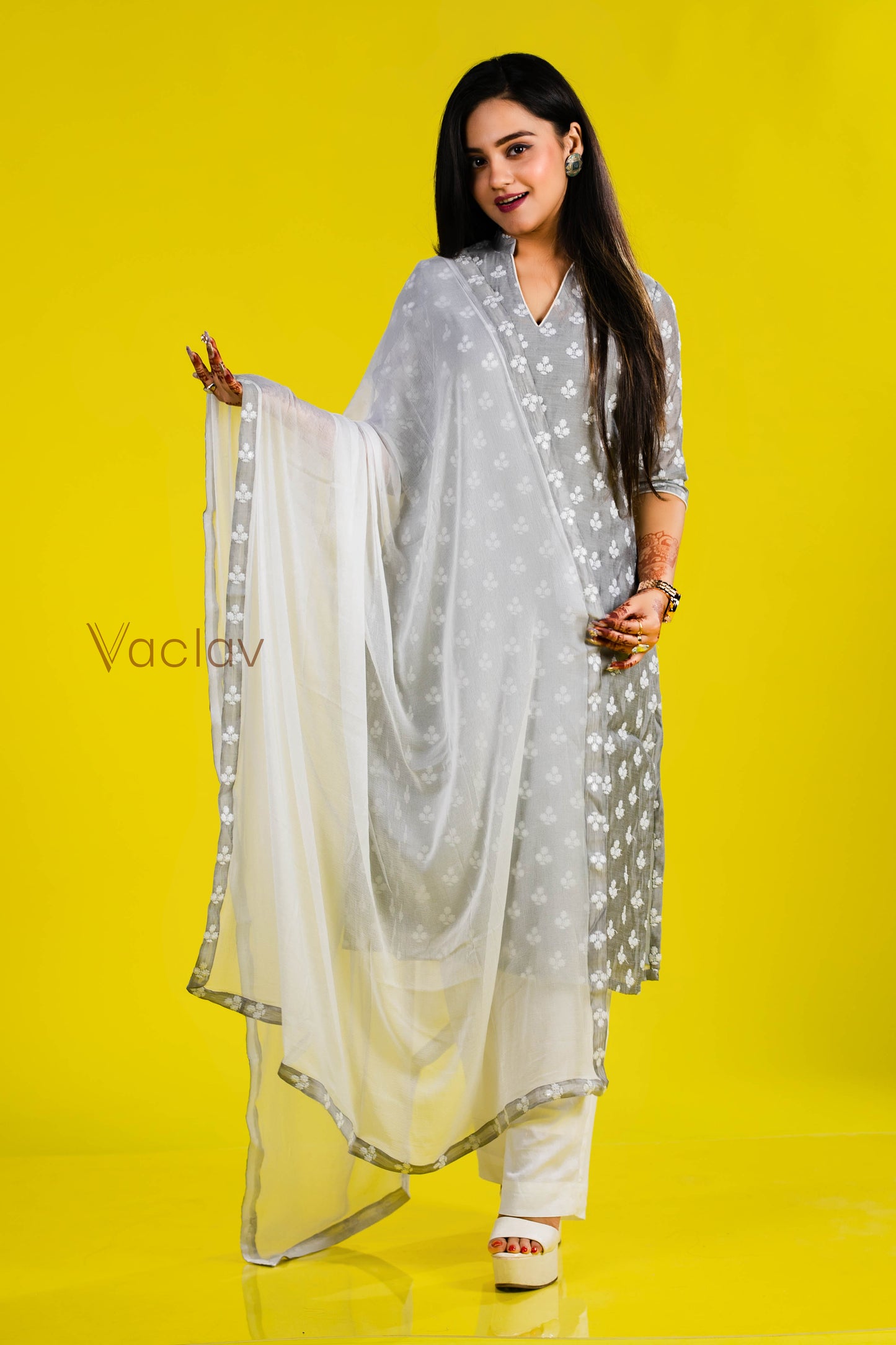 Pant Kurti with Dupatta in White & Gray in Chanderi Fabric