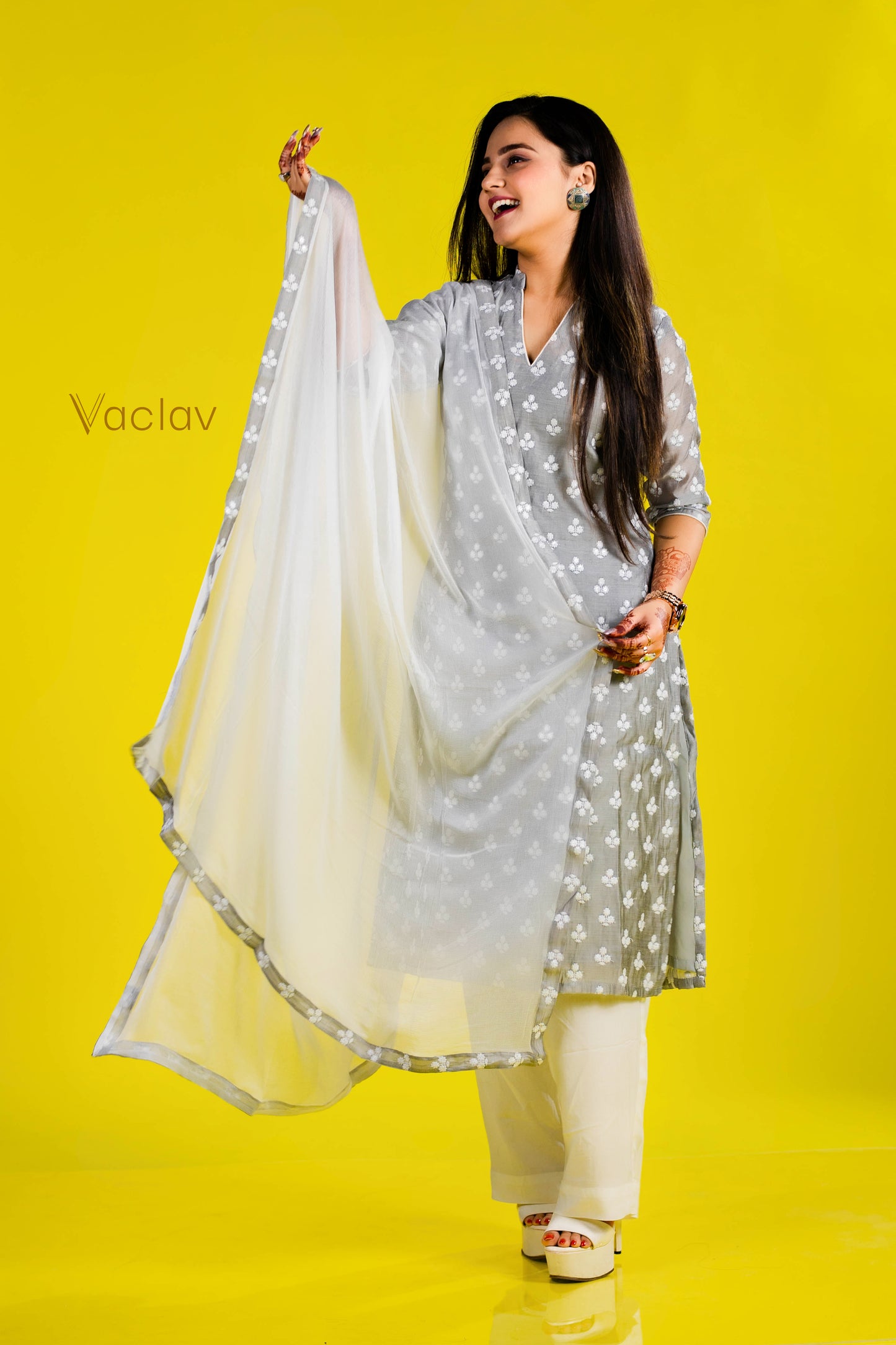 Pant Kurti with Dupatta in White & Gray in Chanderi Fabric