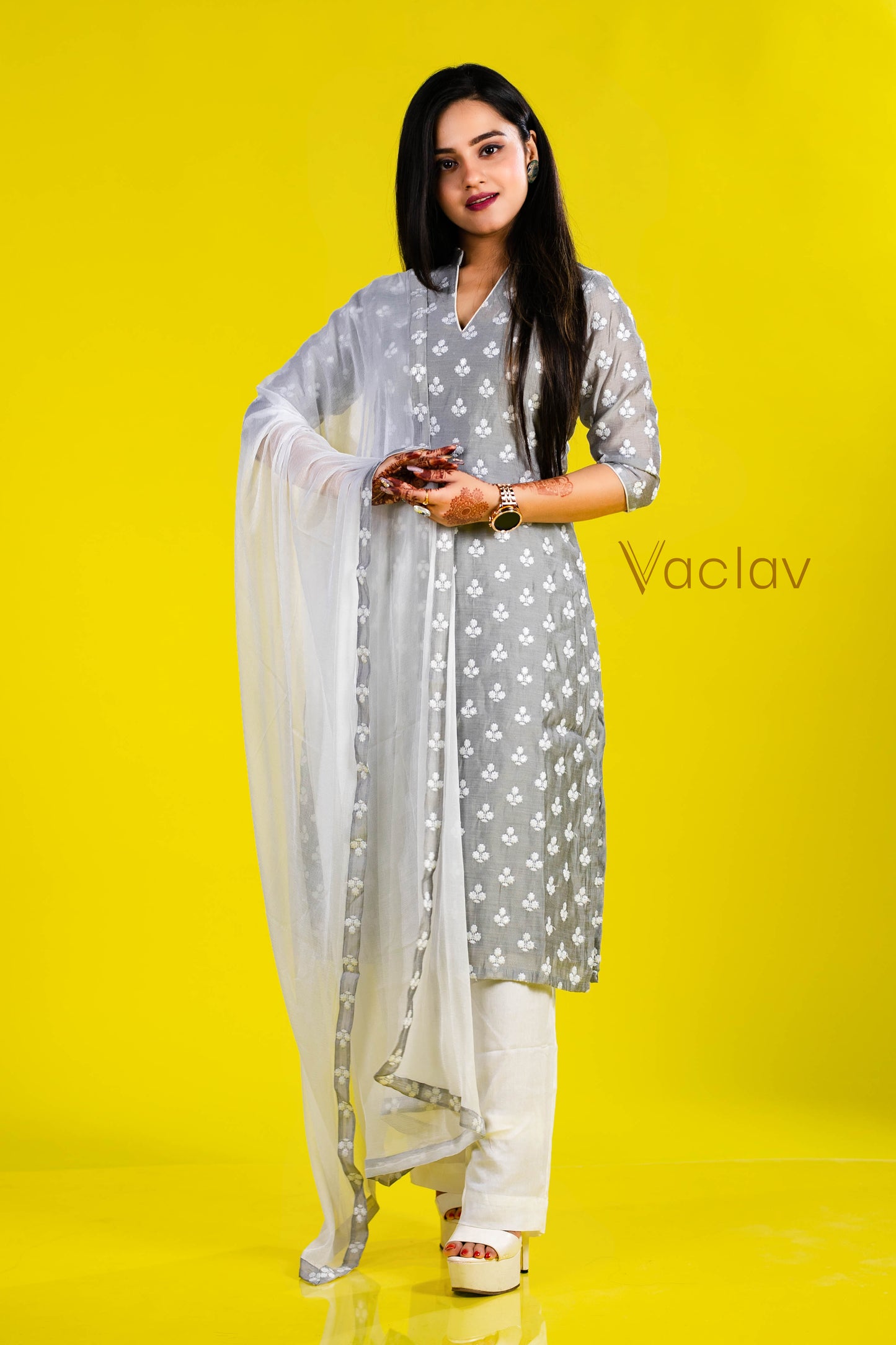 Pant Kurti with Dupatta in White & Gray in Chanderi Fabric