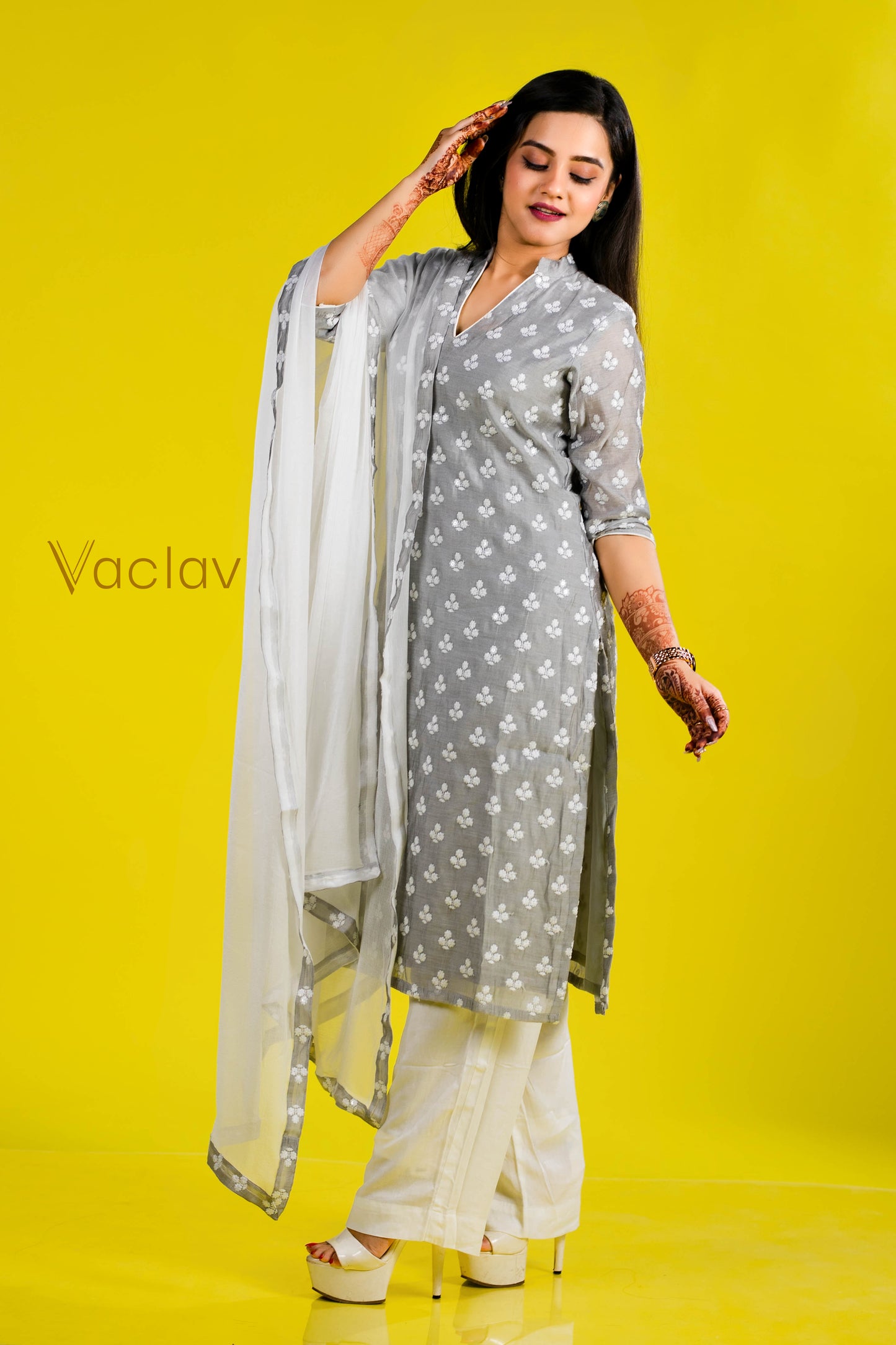 Pant Kurti with Dupatta in White & Gray in Chanderi Fabric