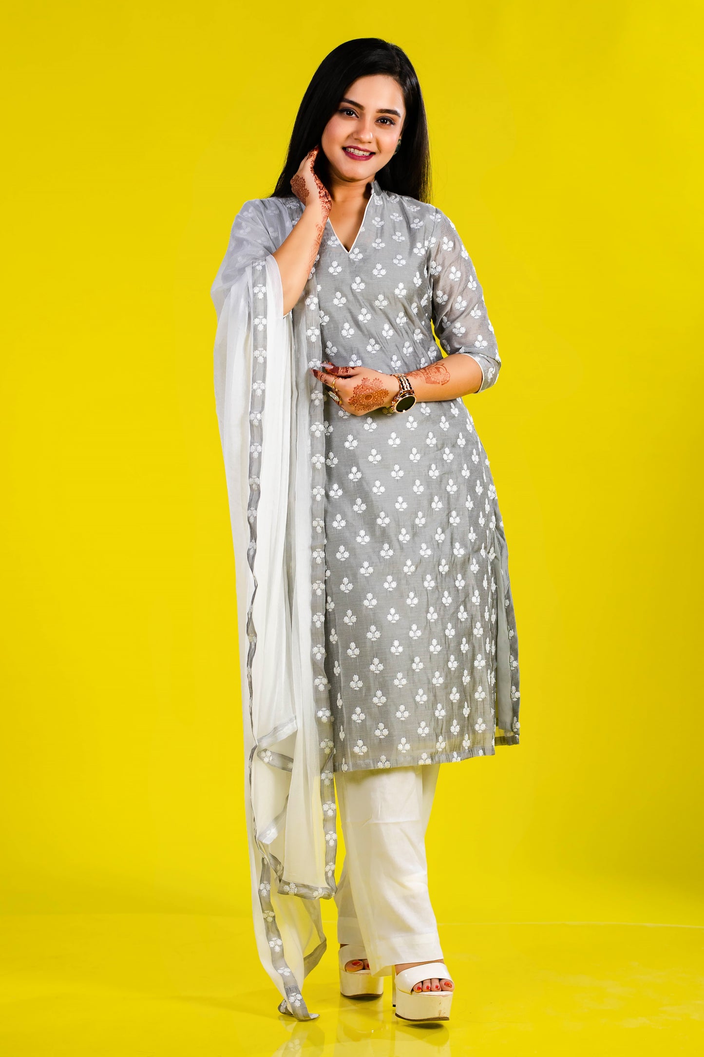 Pant Kurti with Dupatta in White & Gray in Chanderi Fabric