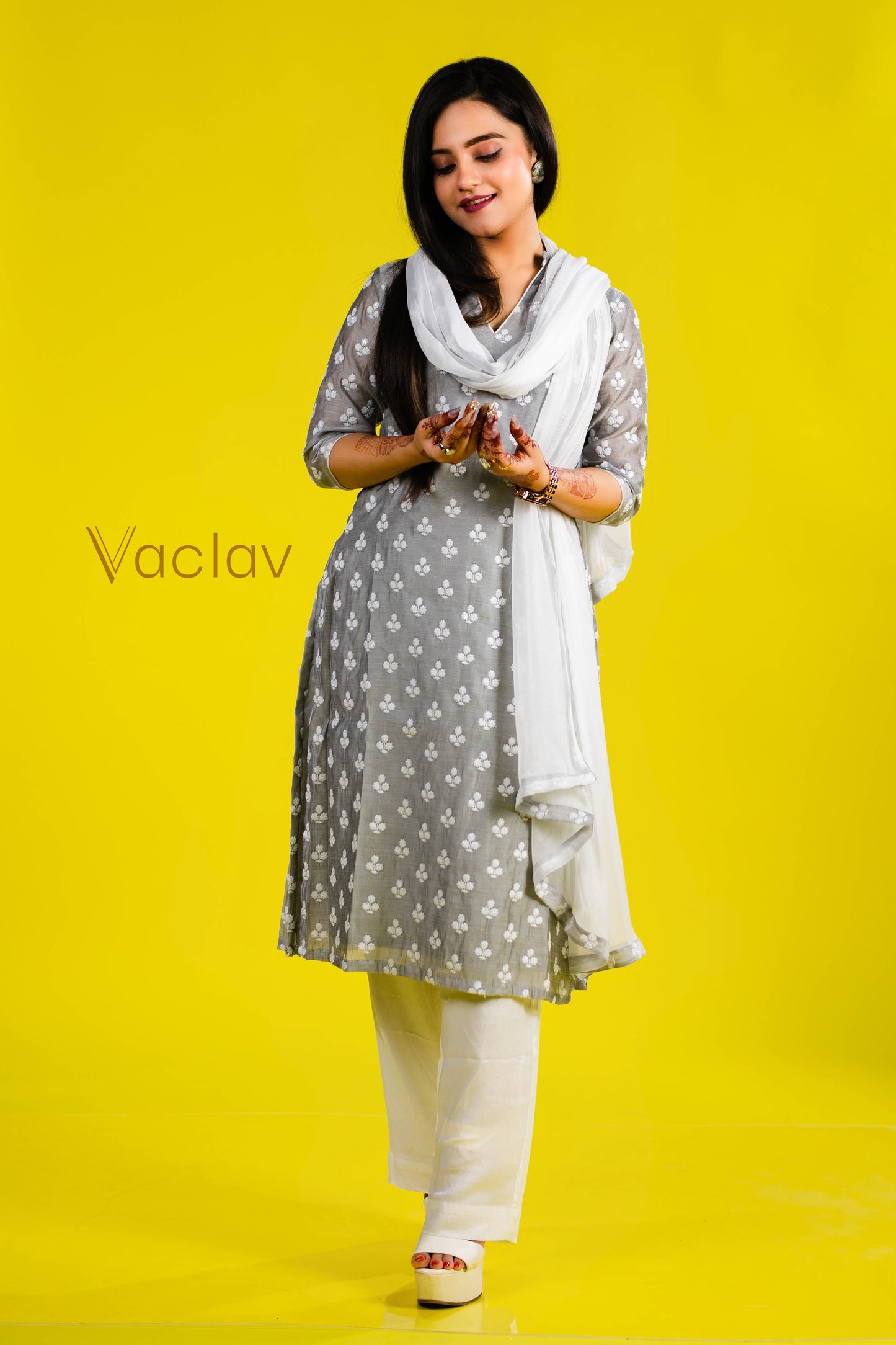 Pant Kurti with Dupatta in White & Gray in Chanderi Fabric