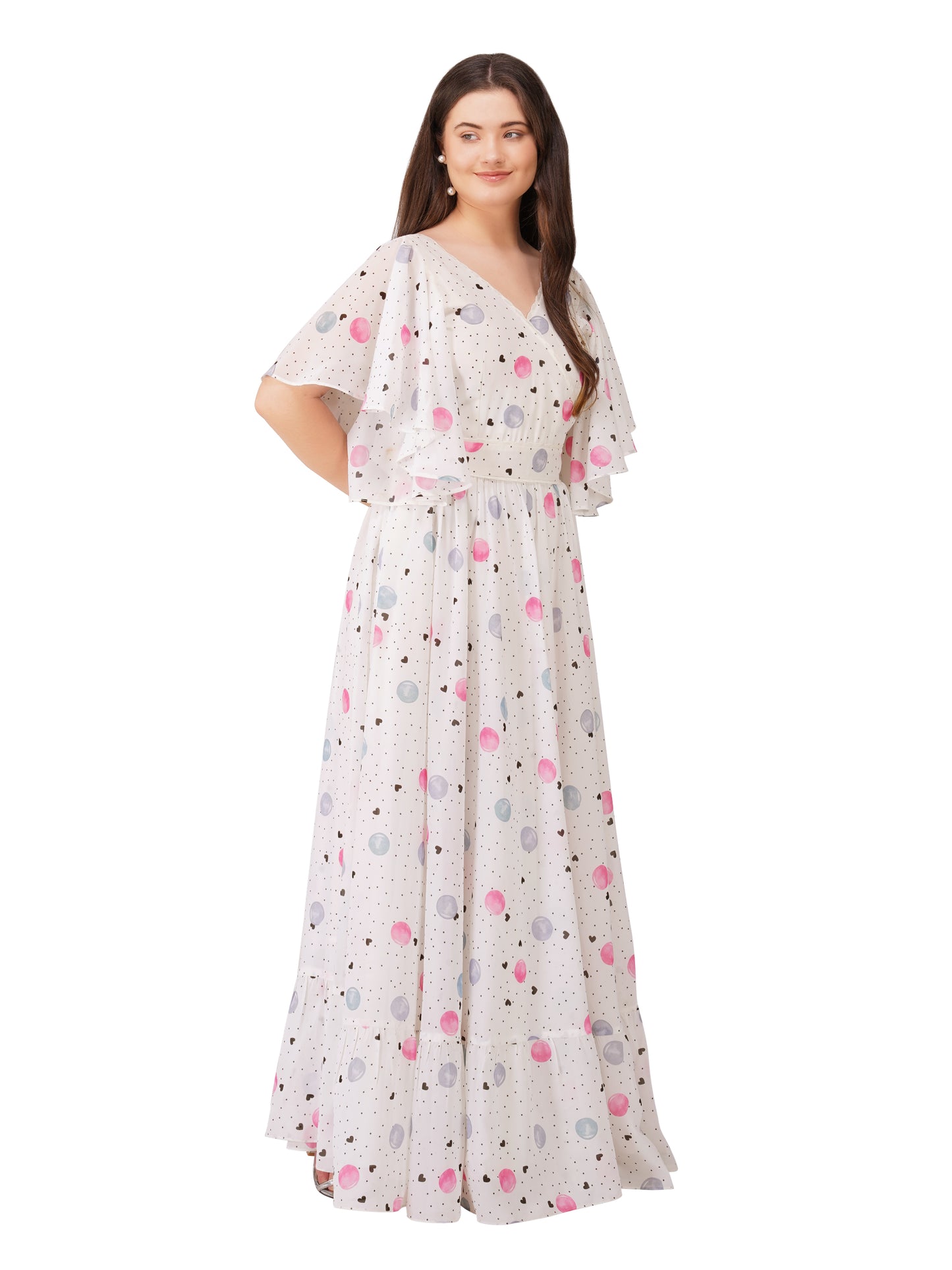 White & Pink Double Layer Gown with Umbrella Sleeves