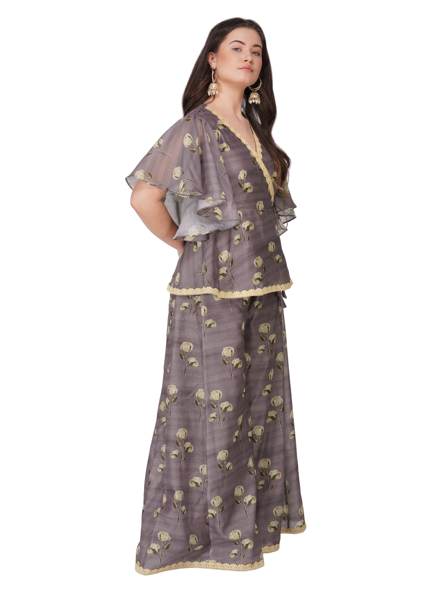 Vaclav Women’s Grey Angarkha Style Set with Plazo