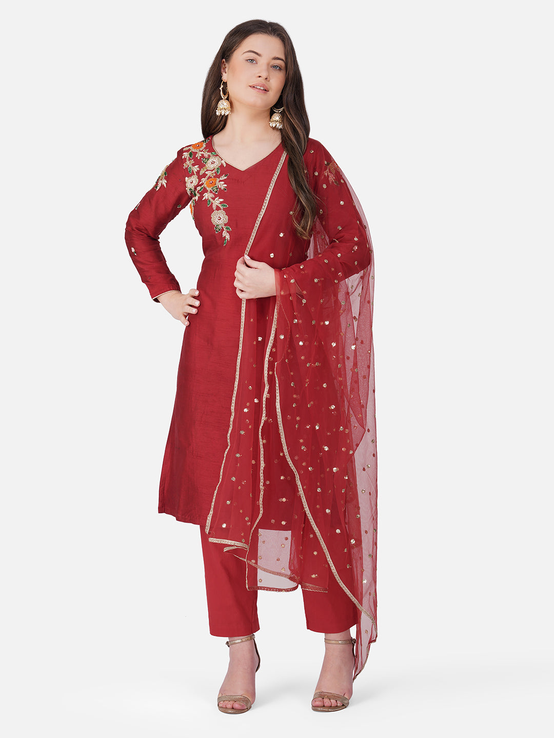 Vaclav Red Roman Silk 3-Piece Kurti & Pant Set