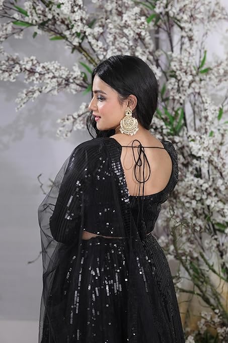 Midnight Elegance Black Georgette Lehenga Blouse with U-Neck - Indian Ethnic Wear