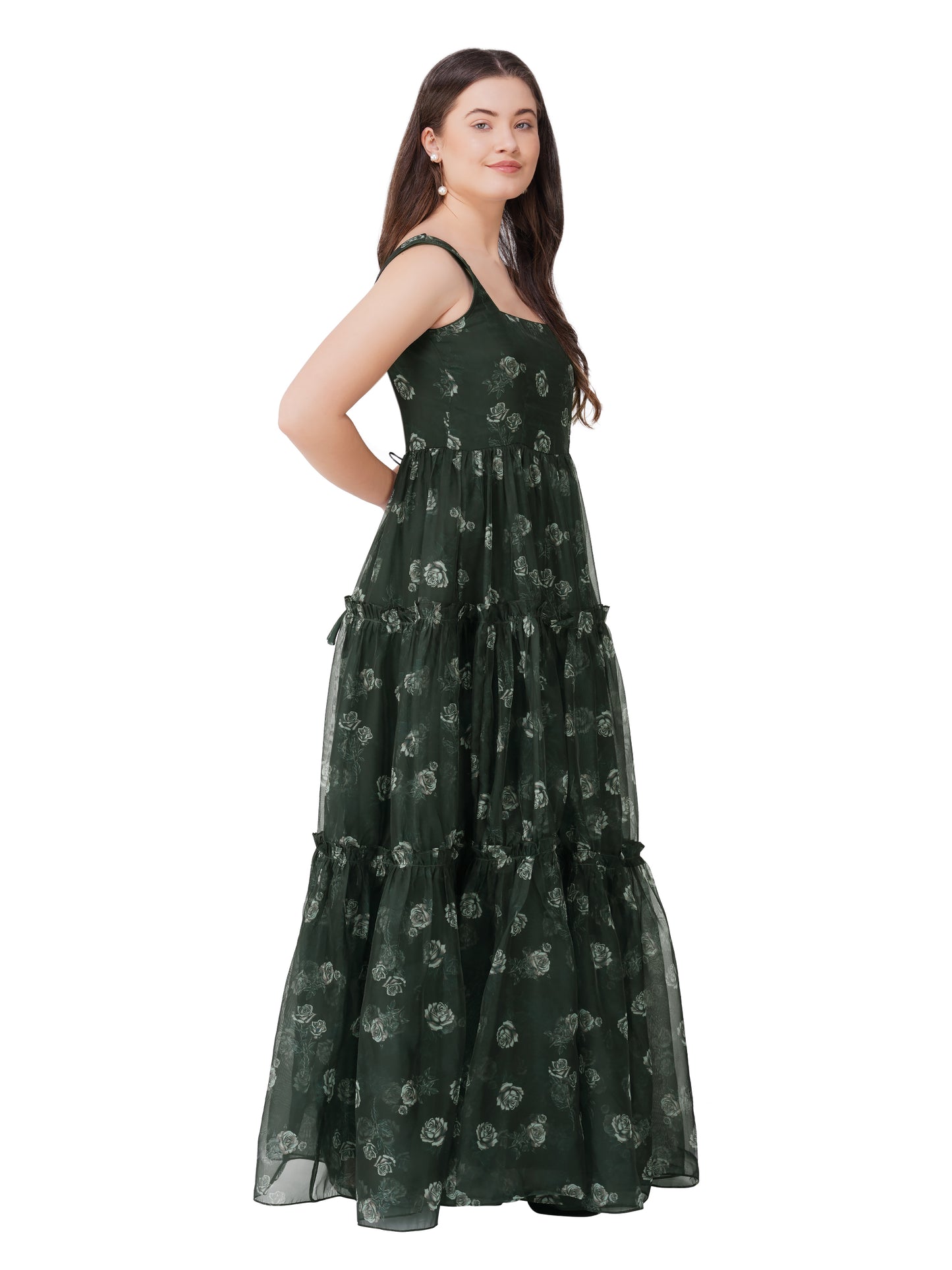 Bottle Green 3-Layer Organza Gown