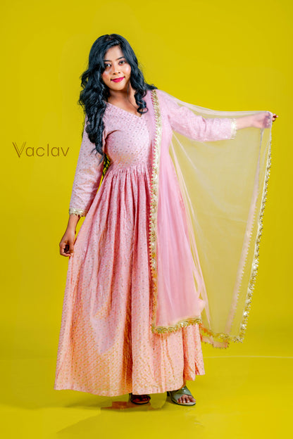 Onion Pink Anarkali Set with Pant & Dupatta in Chanderi Fabric
