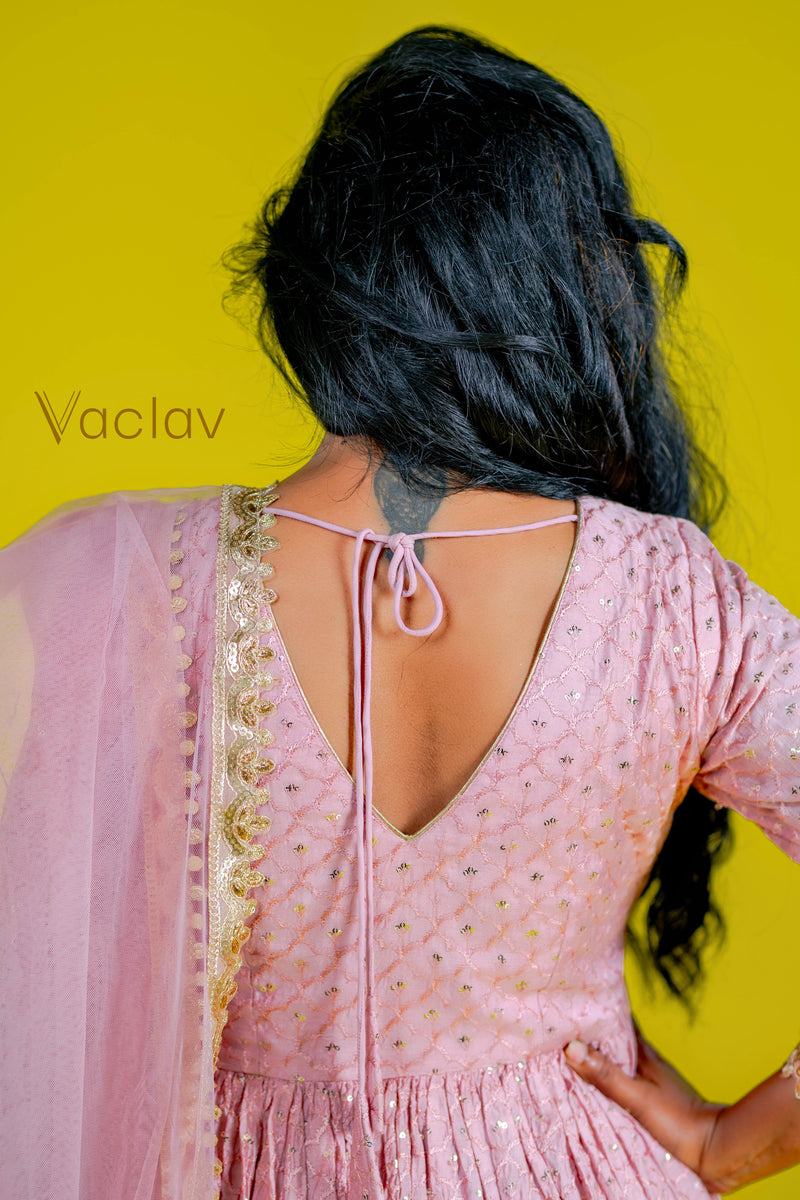 Onion Pink Anarkali Set with Pant & Dupatta in Chanderi Fabric