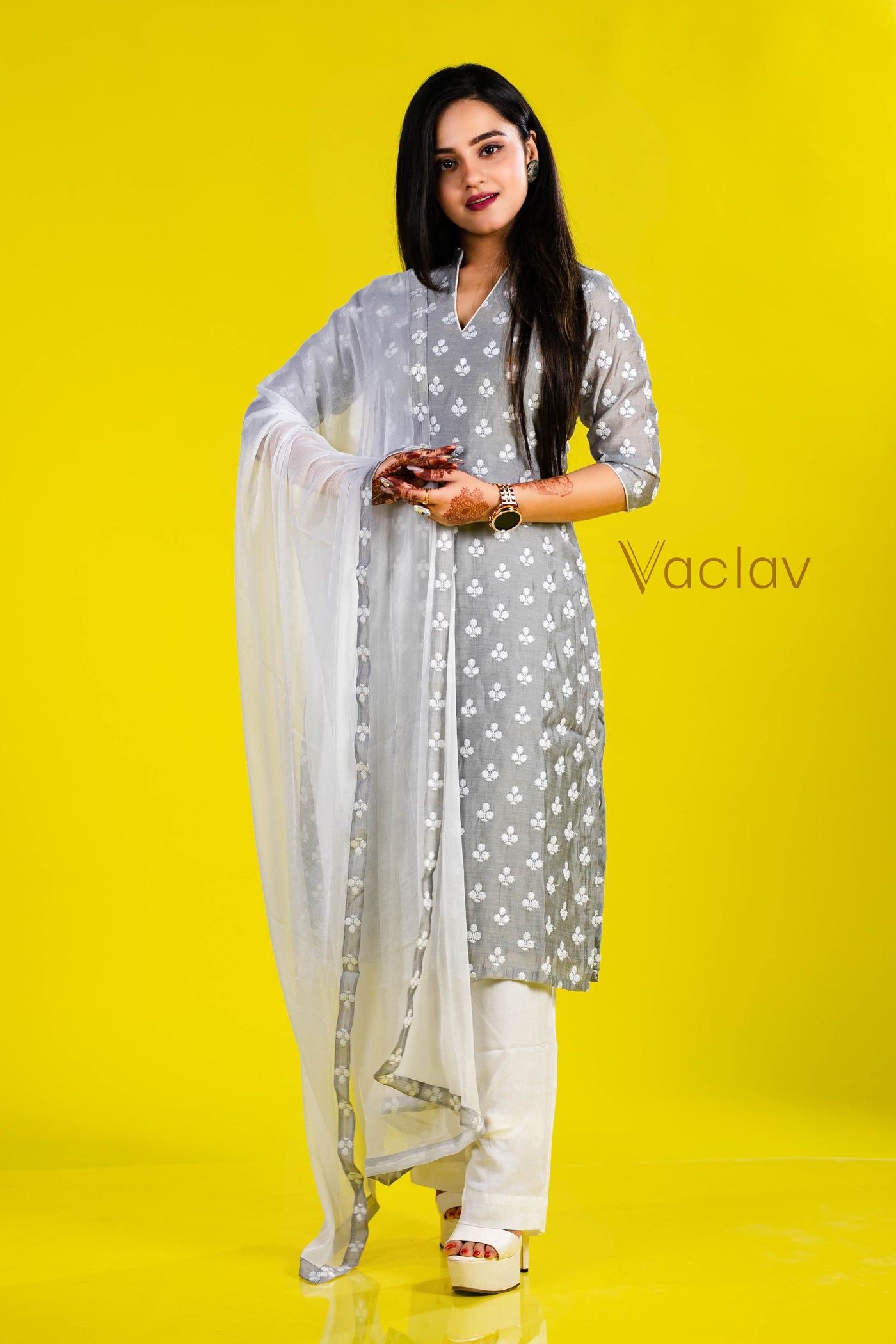 Pant Kurti with Dupatta in White & Gray in Chanderi Fabric
