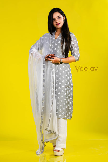 Pant Kurti with Dupatta in White & Gray in Chanderi Fabric