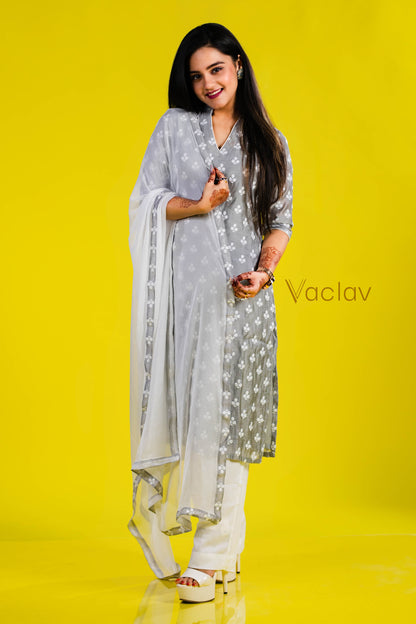 Pant Kurti with Dupatta in White & Gray in Chanderi Fabric