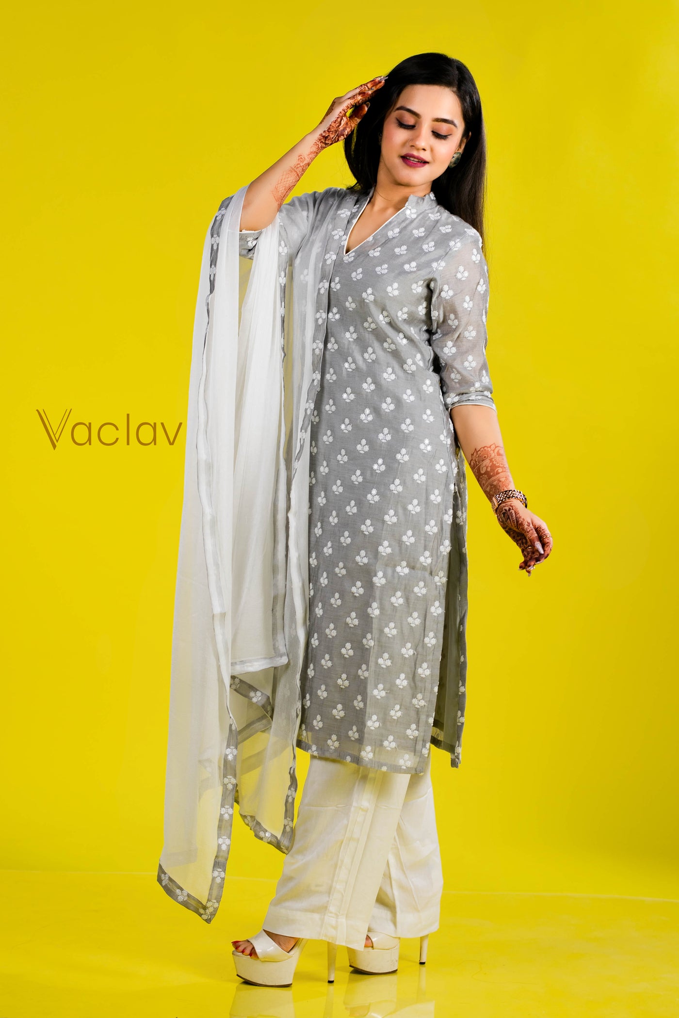 Pant Kurti with Dupatta in White & Gray in Chanderi Fabric