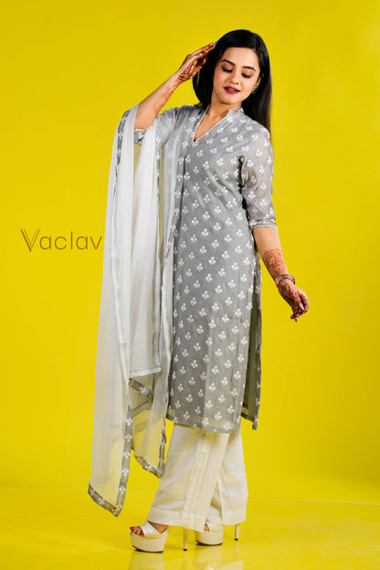 Pant Kurti with Dupatta in White & Gray in Chanderi Fabric