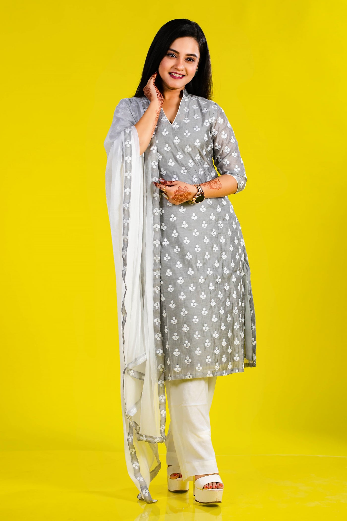 Pant Kurti with Dupatta in White & Gray in Chanderi Fabric
