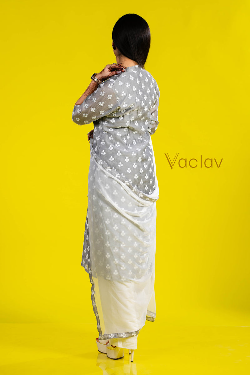 Pant Kurti with Dupatta in White & Gray in Chanderi Fabric