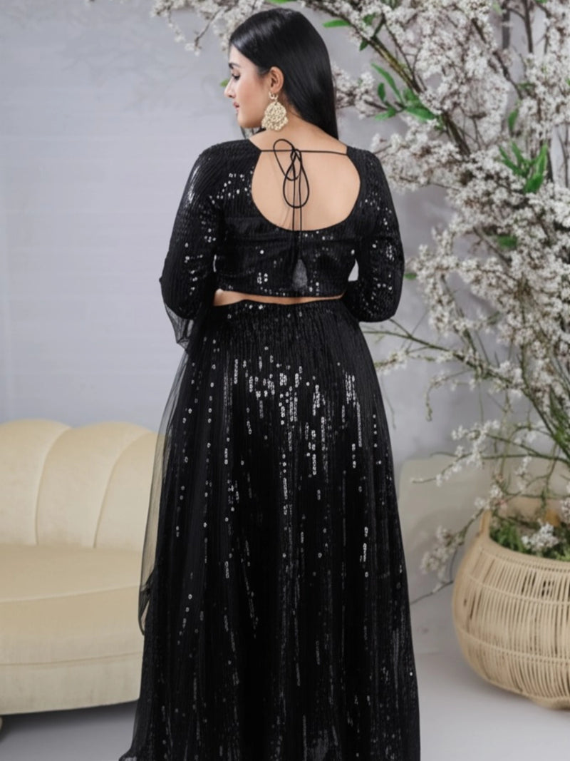 Midnight Elegance Black Georgette Lehenga Blouse with U-Neck - Indian Ethnic Wear