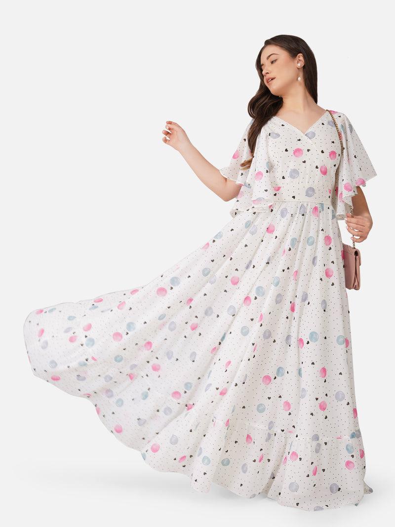 White & Pink Double Layer Gown with Umbrella Sleeves