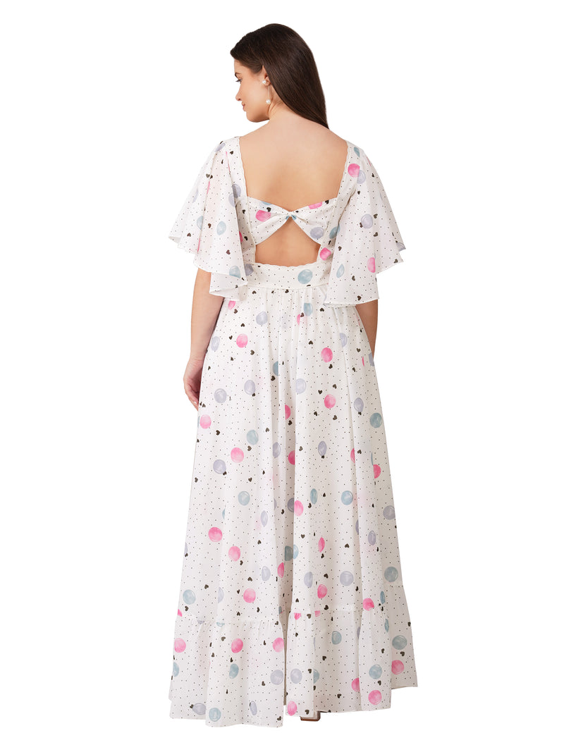 White & Pink Double Layer Gown with Umbrella Sleeves