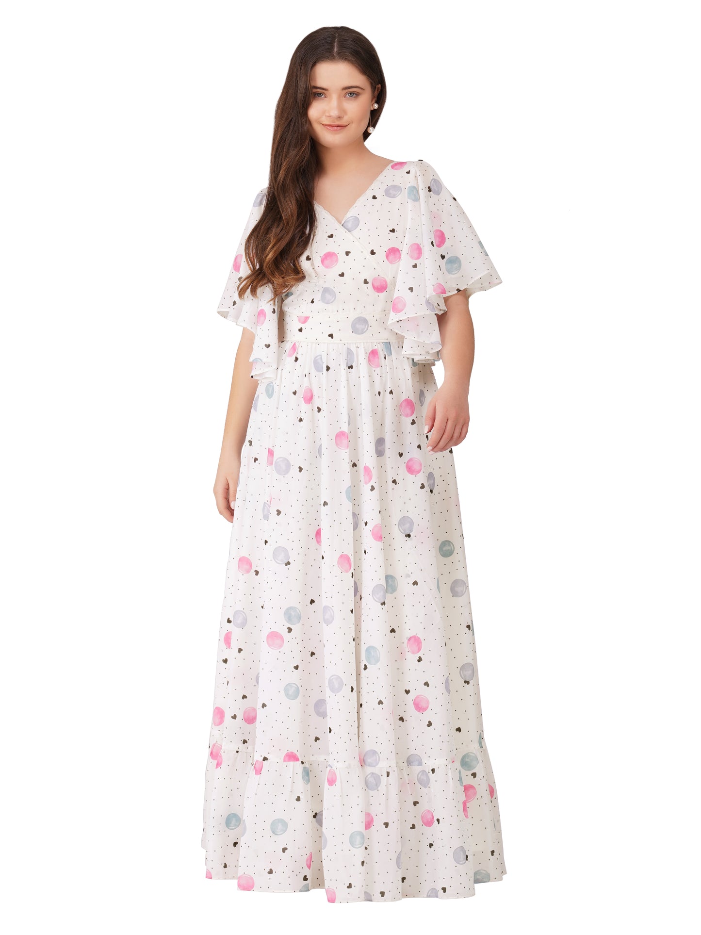 White & Pink Double Layer Gown with Umbrella Sleeves