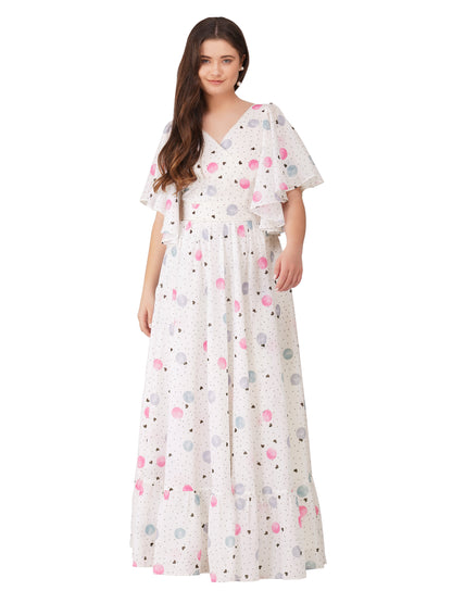 White & Pink Double Layer Gown with Umbrella Sleeves