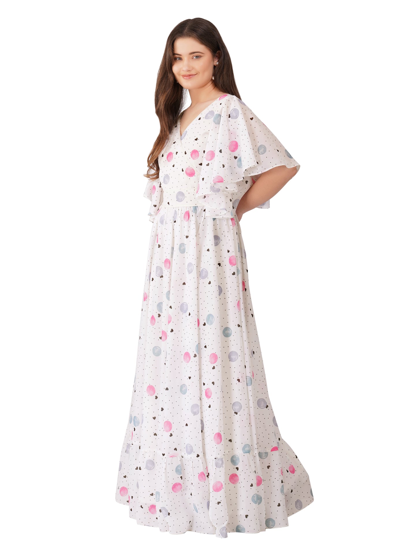 White & Pink Double Layer Gown with Umbrella Sleeves