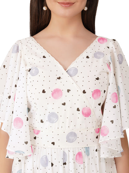 White & Pink Double Layer Gown with Umbrella Sleeves