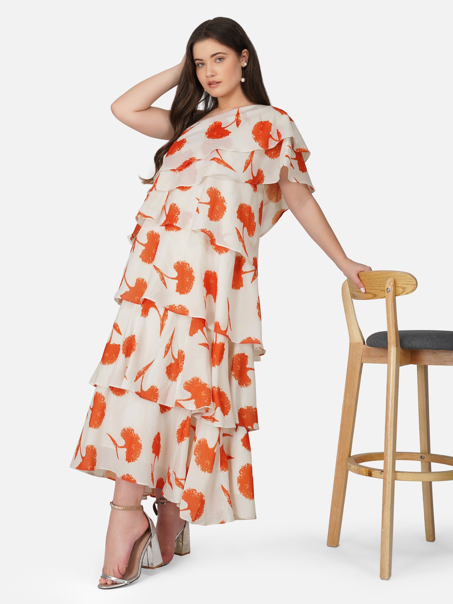 Vaclav Women’s White &amp; Orange One-Shoulder Gown