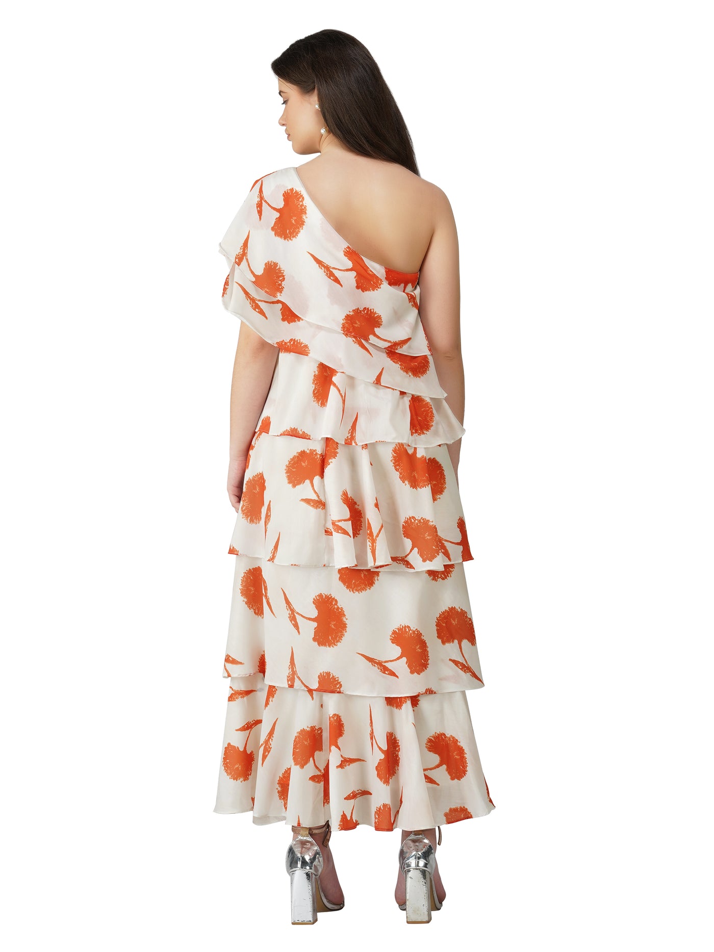 Vaclav Women’s White &amp; Orange One-Shoulder Gown