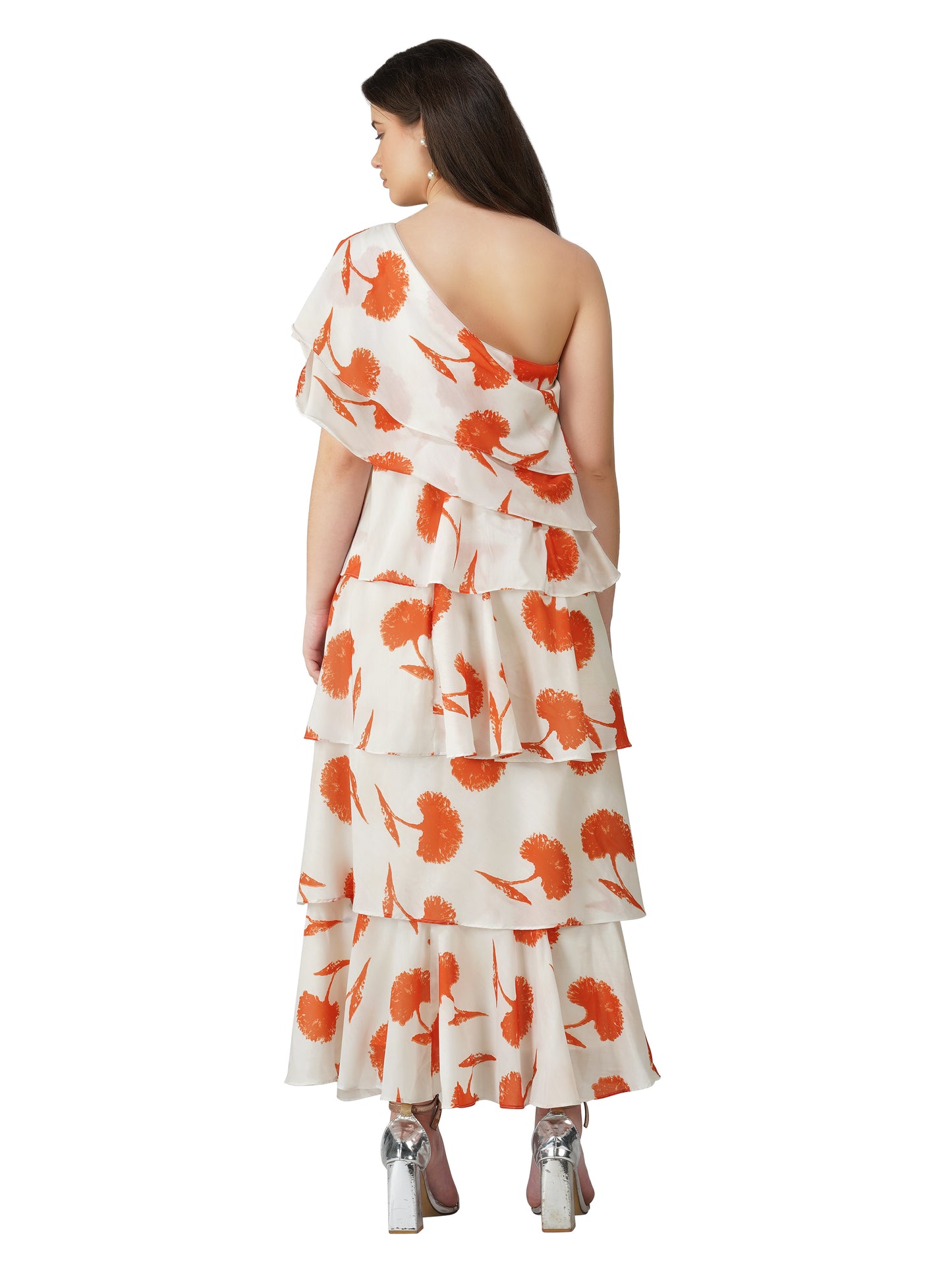 Vaclav Women’s White &amp; Orange One-Shoulder Gown