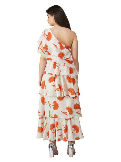 Vaclav Women’s White &amp; Orange One-Shoulder Gown