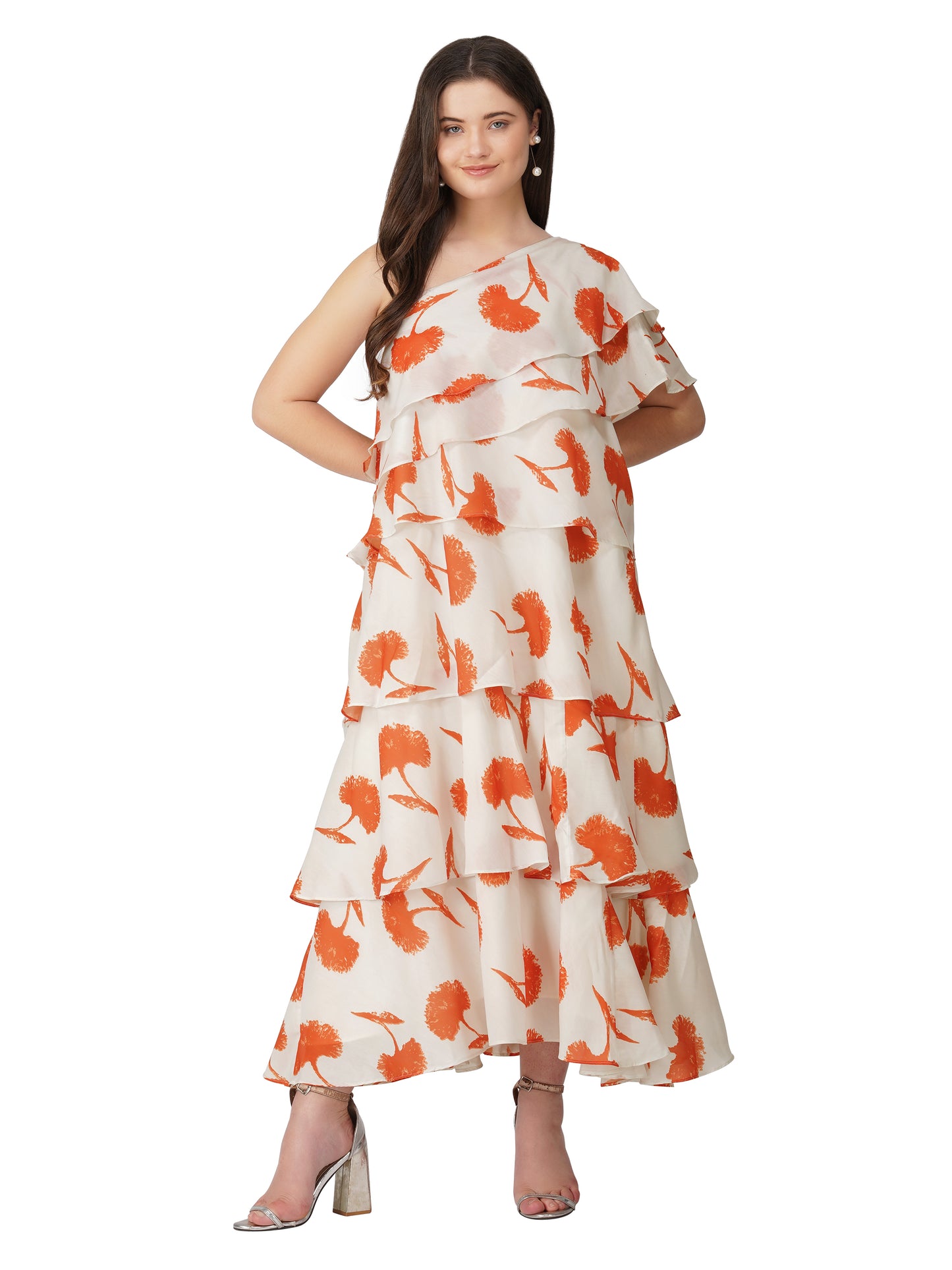 Vaclav Women’s White &amp; Orange One-Shoulder Gown