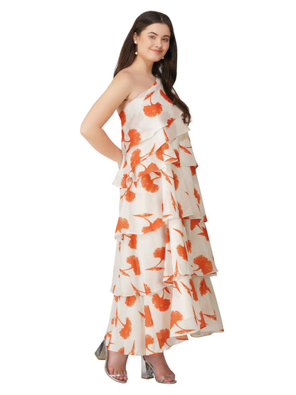 Vaclav Women’s White &amp; Orange One-Shoulder Gown