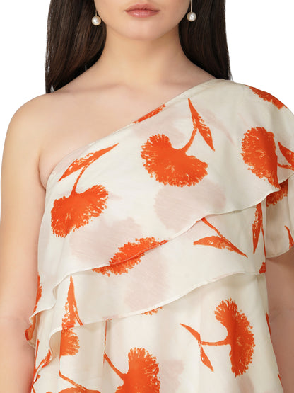 Vaclav Women’s White &amp; Orange One-Shoulder Gown