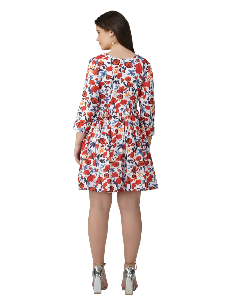 Vaclav Blooming Charm: White &amp; Red Floral Short Dress