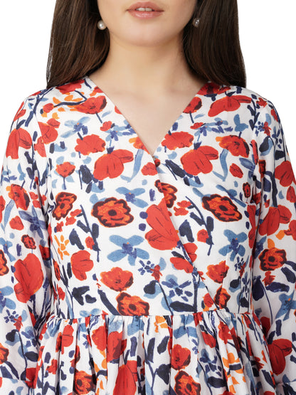Vaclav Blooming Charm: White &amp; Red Floral Short Dress