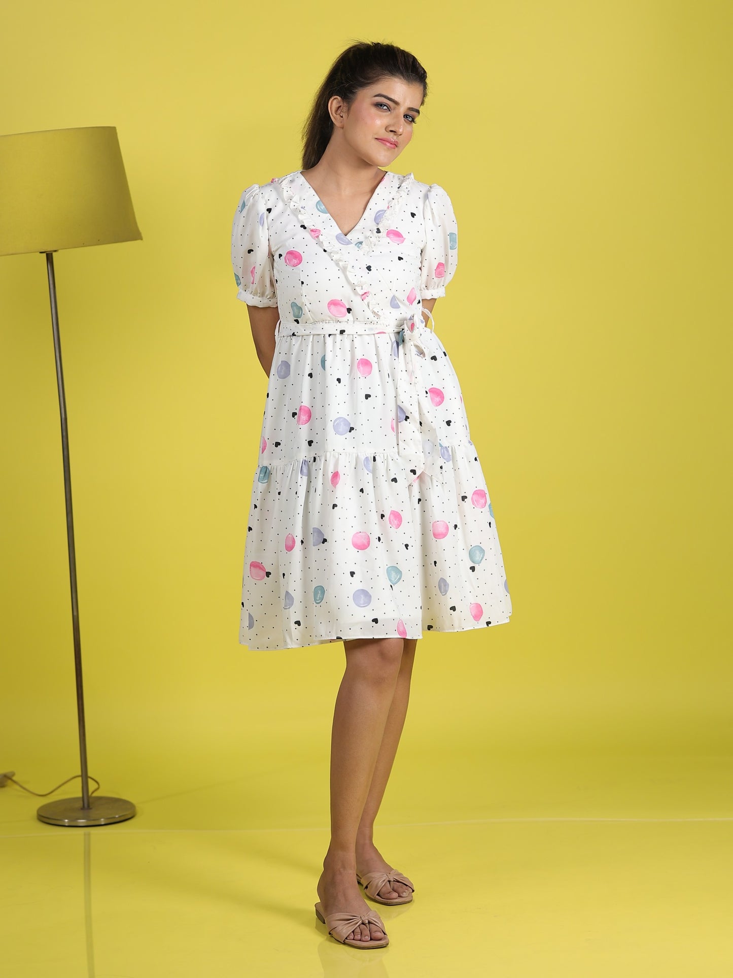 Women’s Summer Fit and Flare Flamingo White Dress - Double Georgette Blend, Elegant and Comfortable Short Dresses