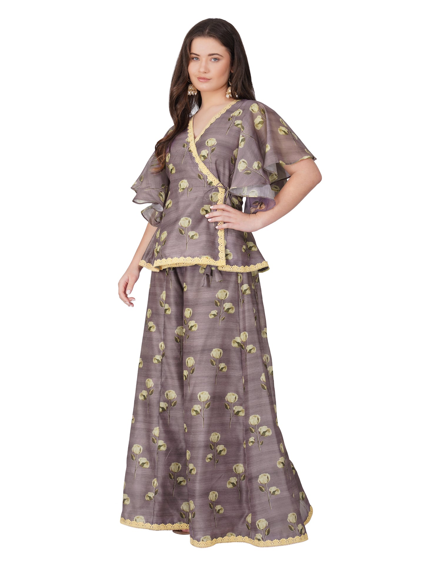Vaclav Women’s Grey Angarkha Style Set with Plazo