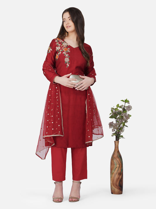 Vaclav Red Roman Silk 3-Piece Kurti & Pant Set