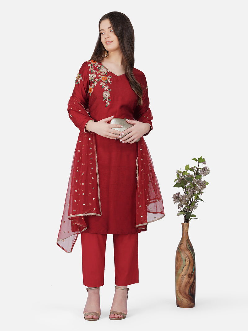 Vaclav Red Roman Silk 3-Piece Kurti & Pant Set