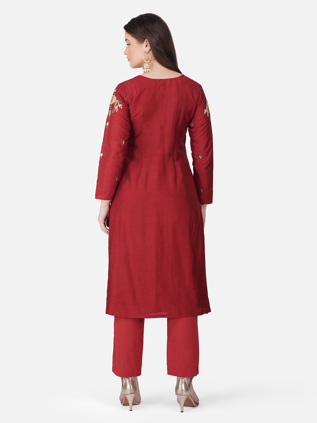 Vaclav Red Roman Silk 3-Piece Kurti & Pant Set