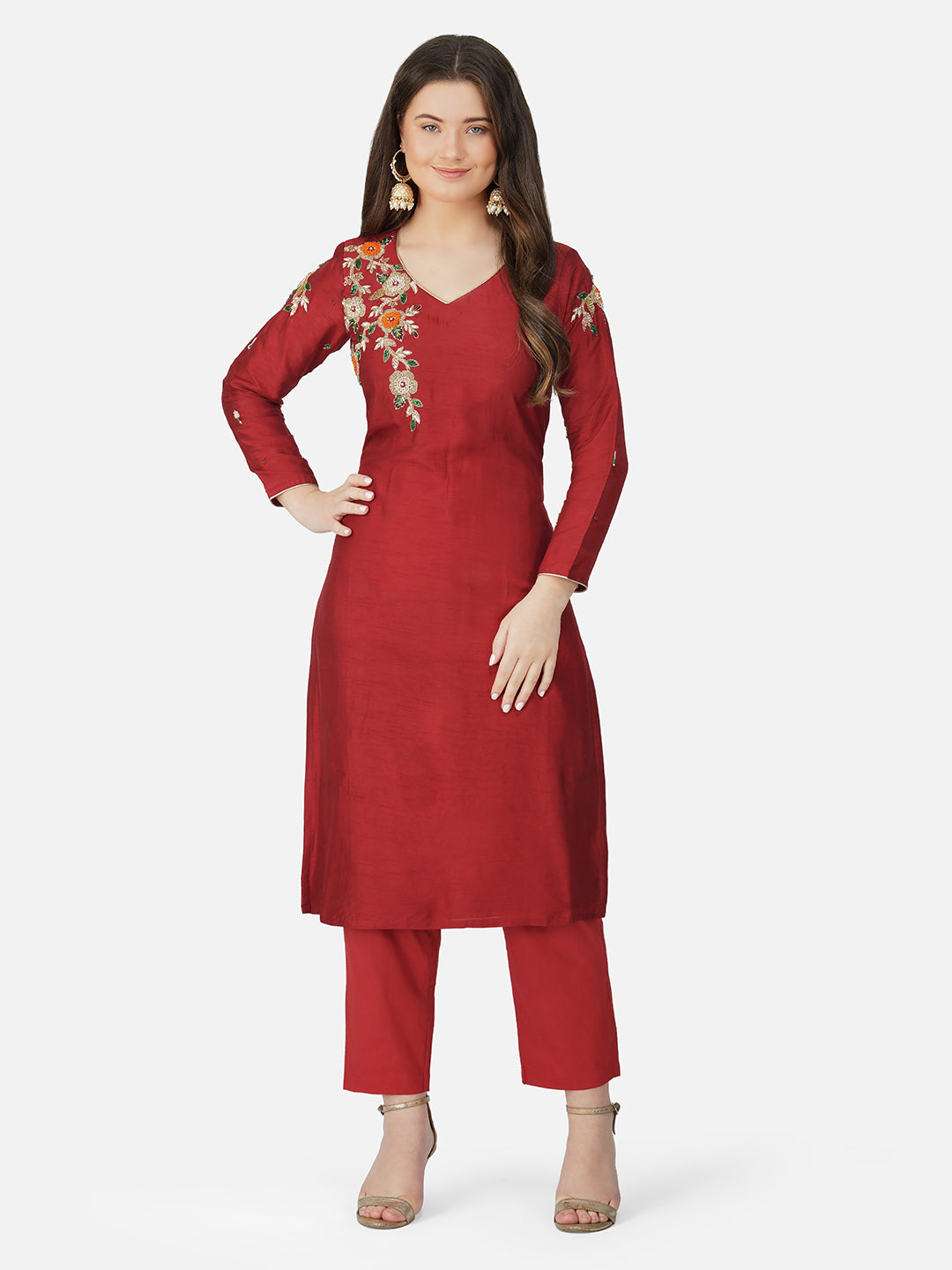 Vaclav Red Roman Silk 3-Piece Kurti & Pant Set