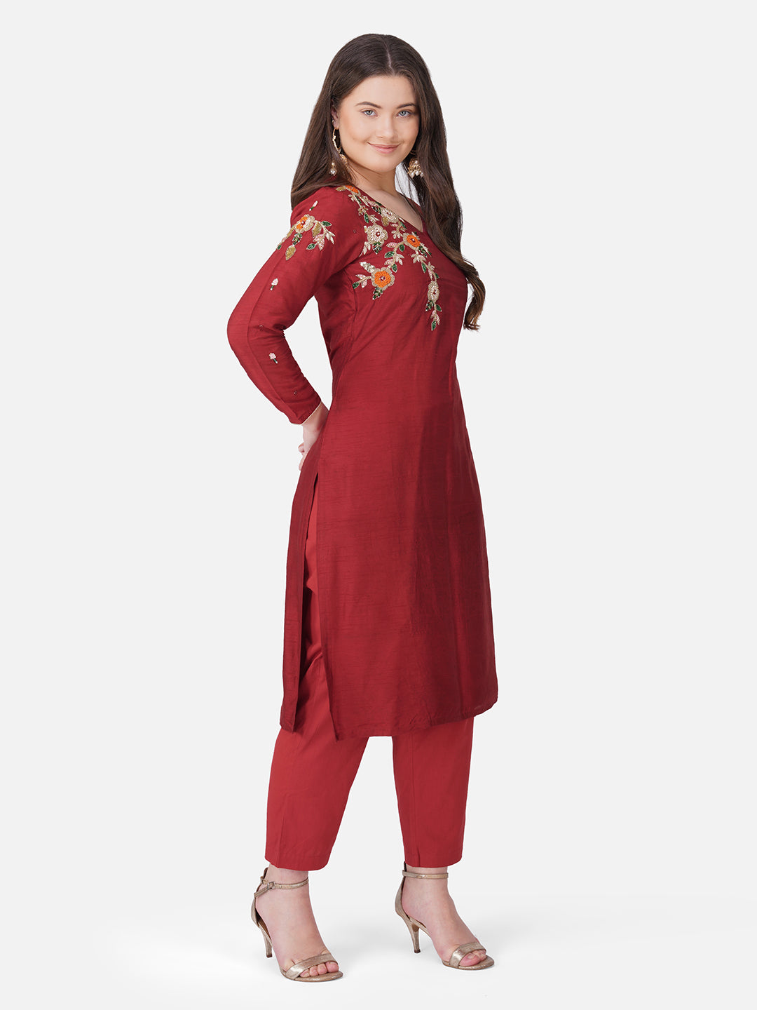 Vaclav Red Roman Silk 3-Piece Kurti & Pant Set