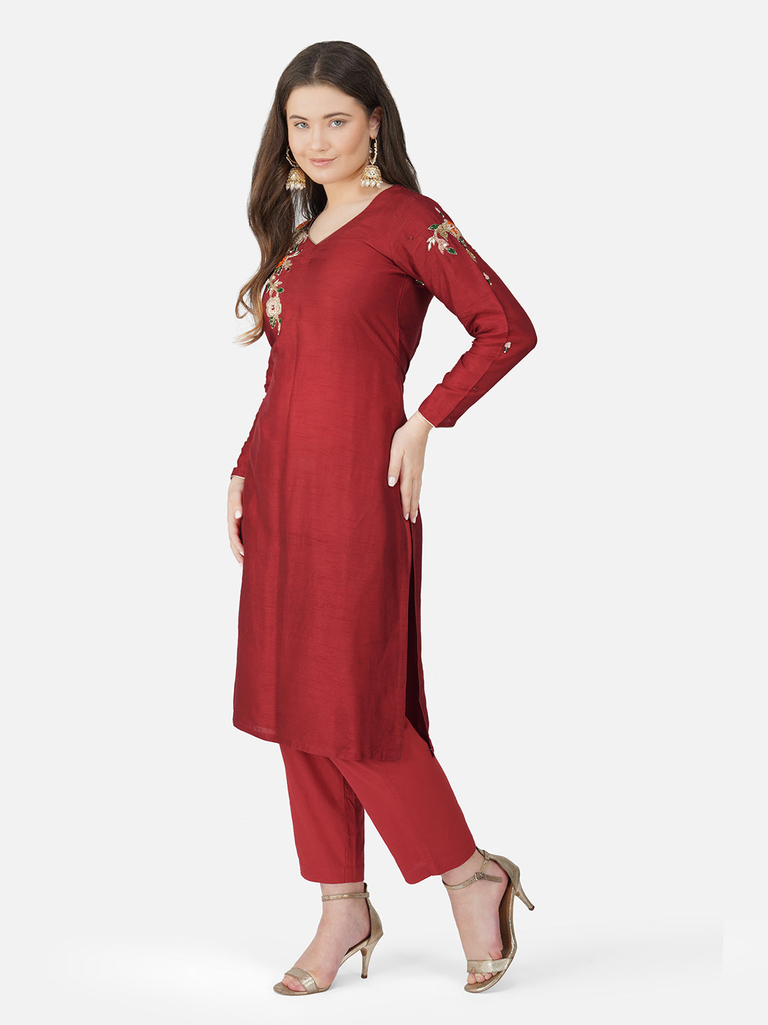 Vaclav Red Roman Silk 3-Piece Kurti & Pant Set