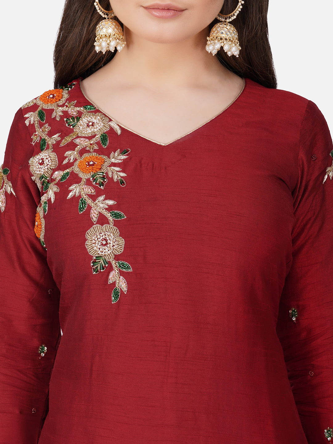 Vaclav Red Roman Silk 3-Piece Kurti & Pant Set