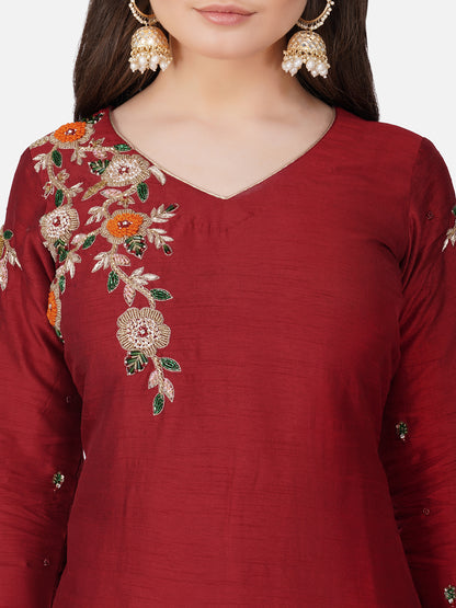 Vaclav Red Roman Silk 3-Piece Kurti & Pant Set