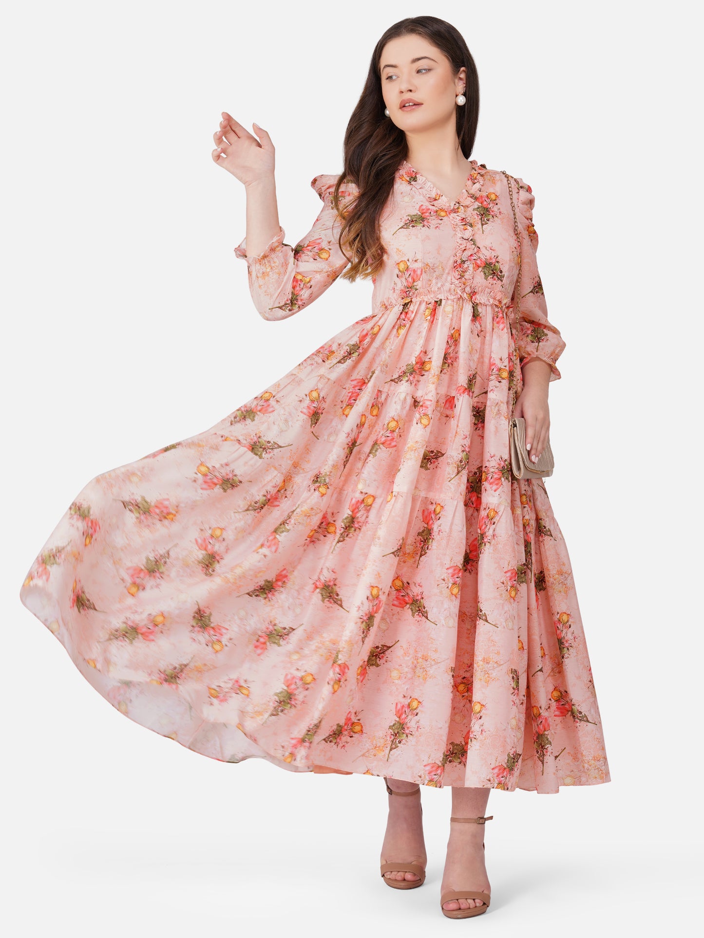 Vaclav women's floral frock with puff sleeve chinon and cotton pant