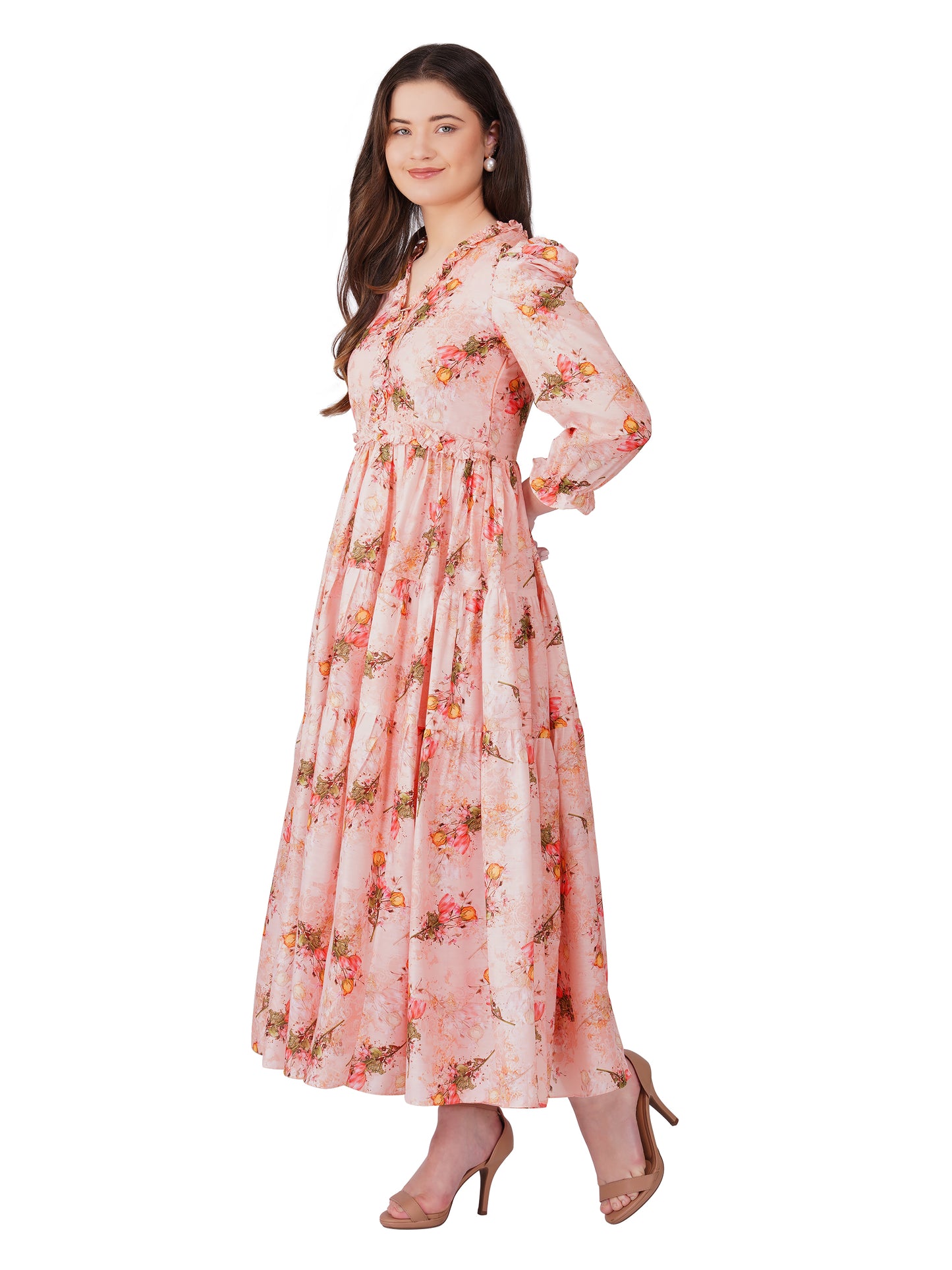 Vaclav women's floral frock with puff sleeve chinon and cotton pant