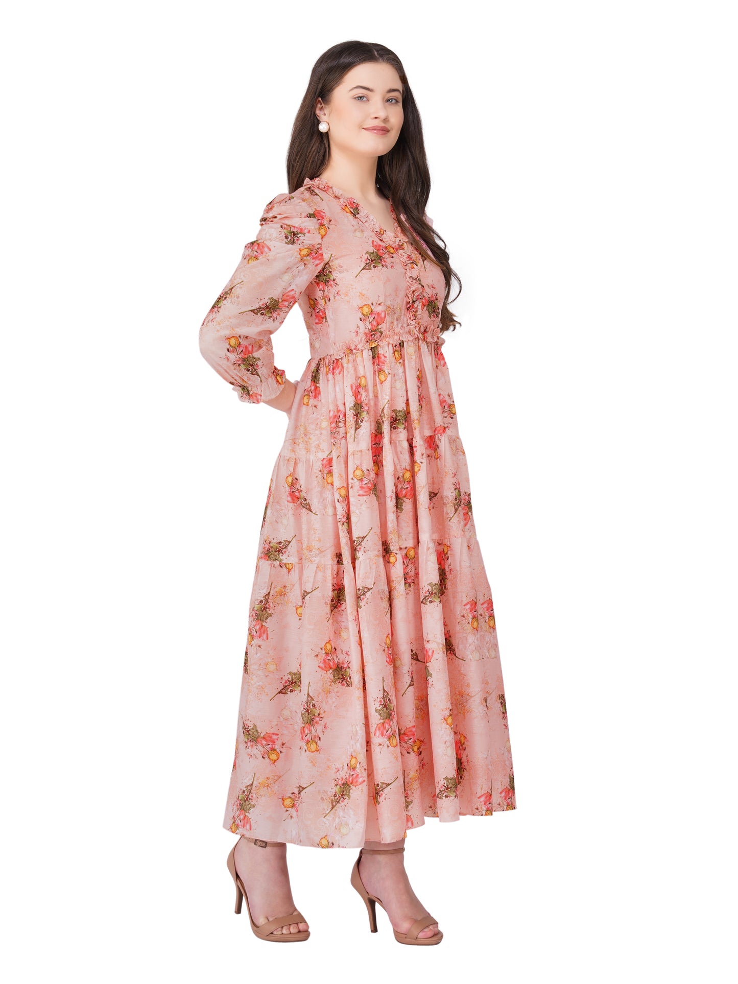 Vaclav women's floral frock with puff sleeve chinon and cotton pant